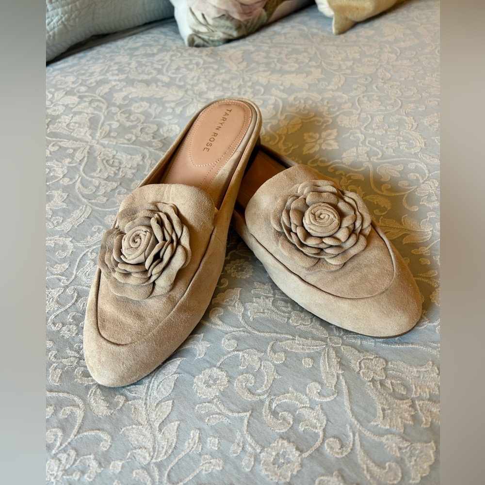 Taryn Rose Beige Floral Suede Mules